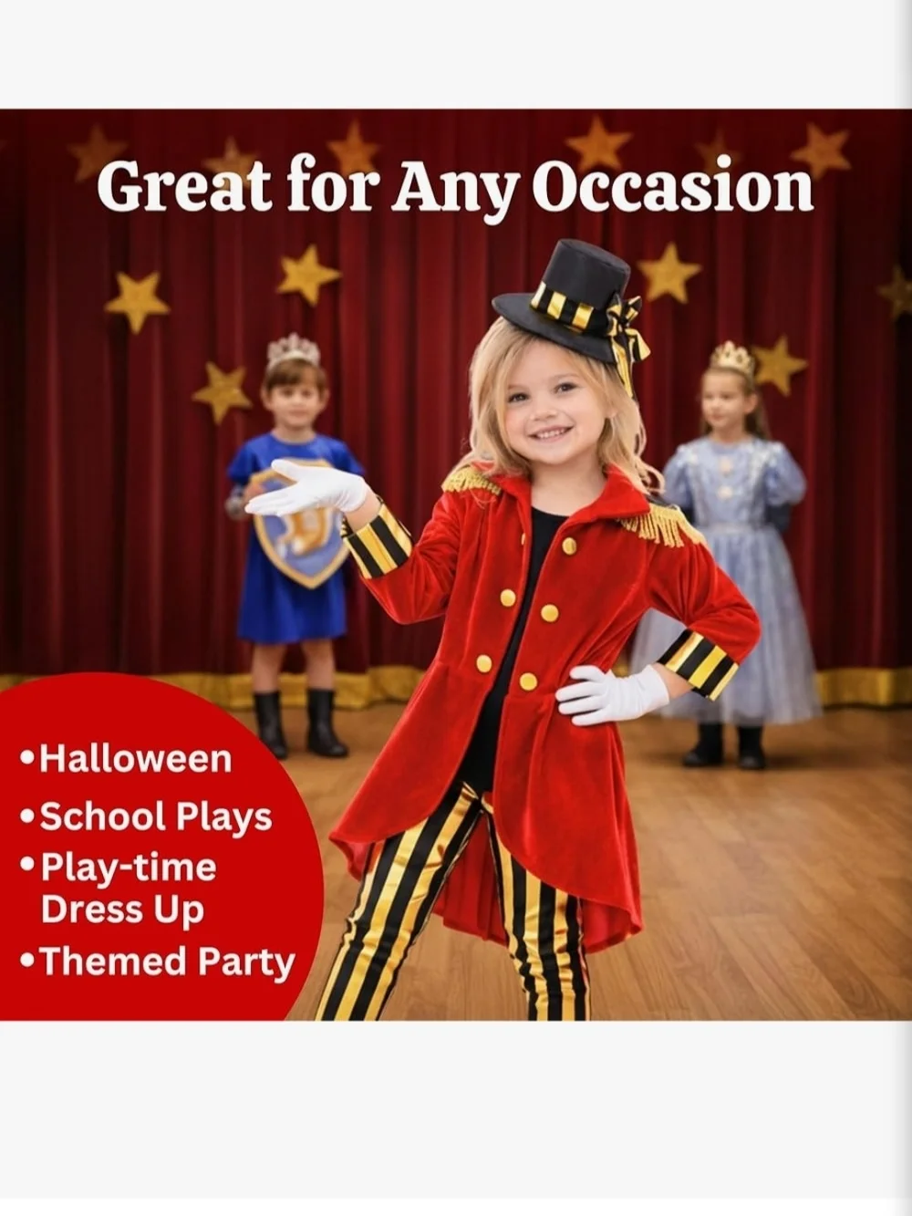 Kids Red Ringmaster Costume with Gold Trim